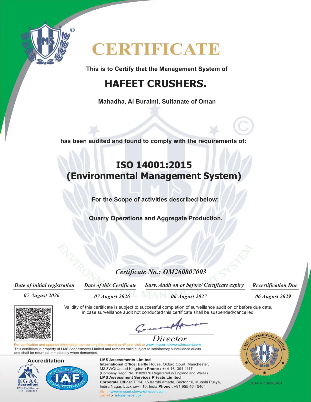 ISO 14001:2015 certificate for Hafeet Crushers