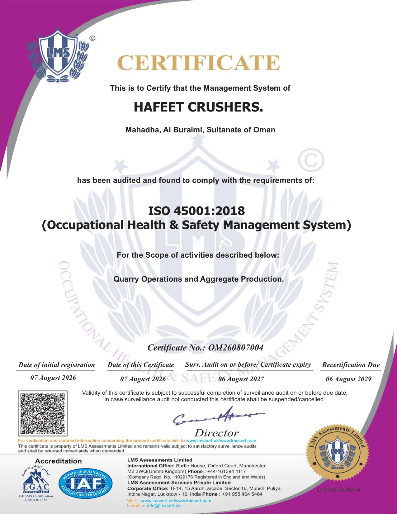 ISO 45001:2018 certificate for Hafeet Crushers
